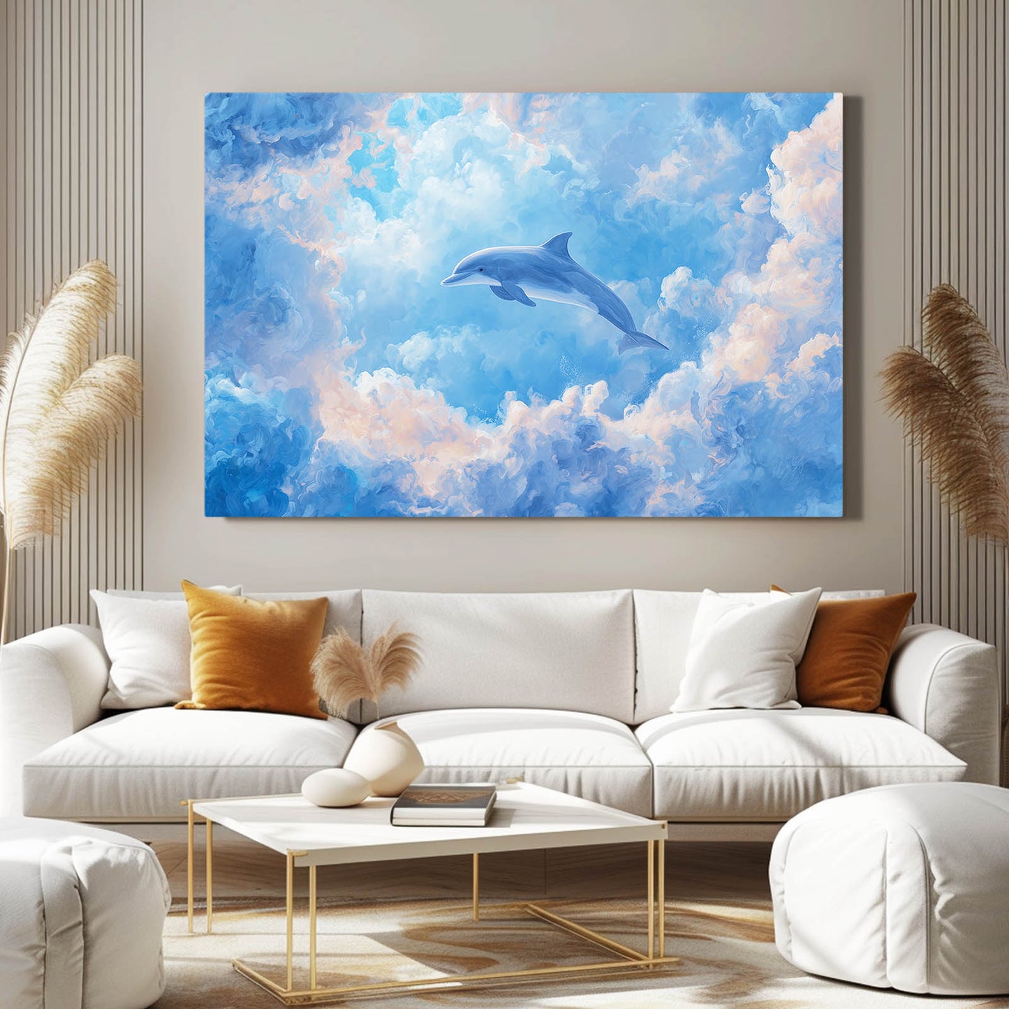 Cloud Leap Dolphin Art – styled in a furnished interior