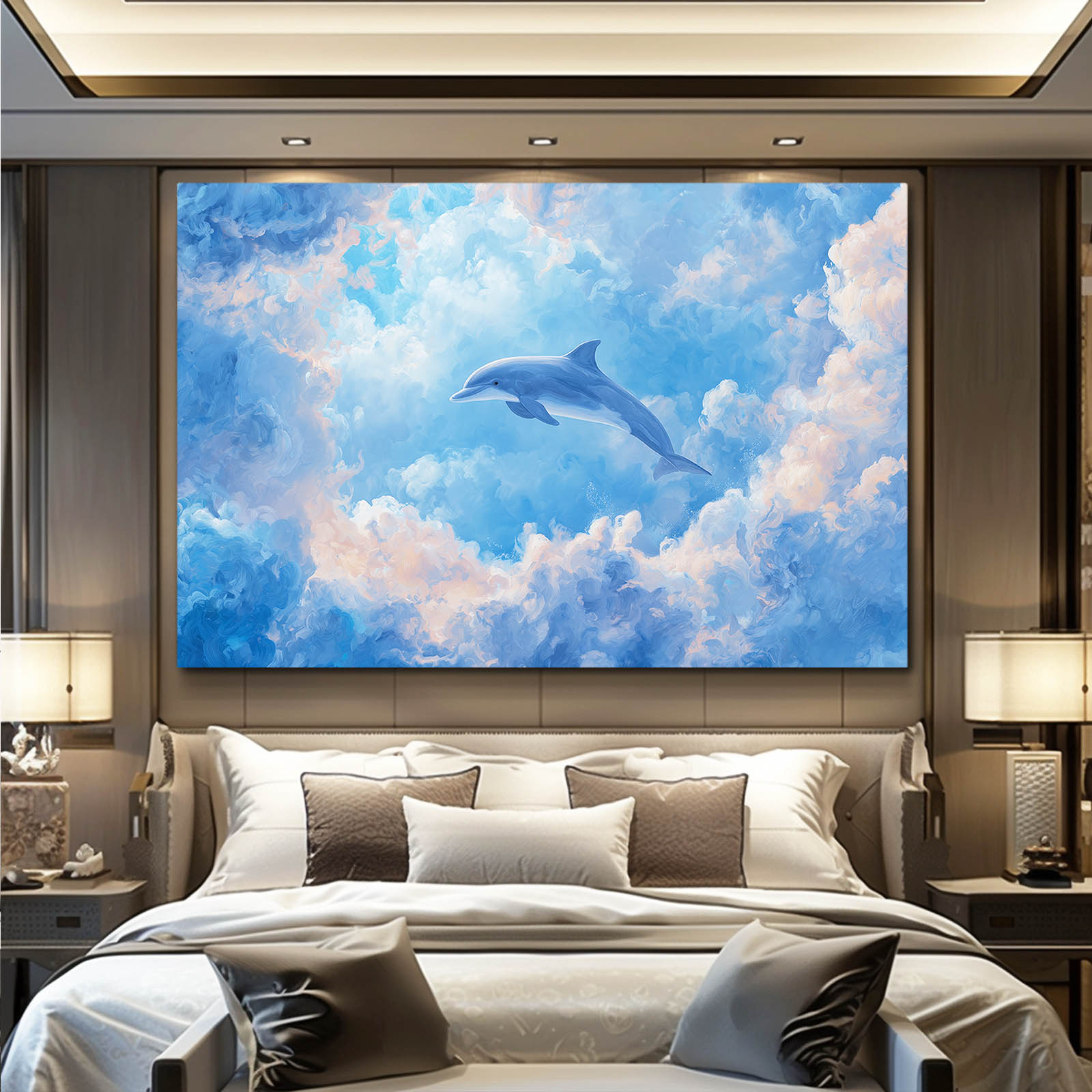 Cloud Leap Dolphin Art – styled in a furnished interior