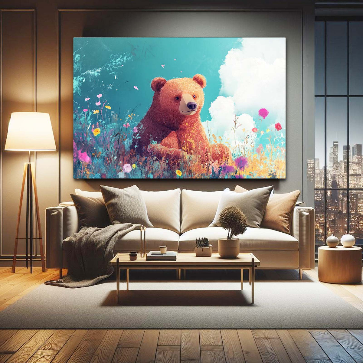 Cloud Meadow Cub Bear Wall Decor — contemporary canvas print, styled in a furnished interior