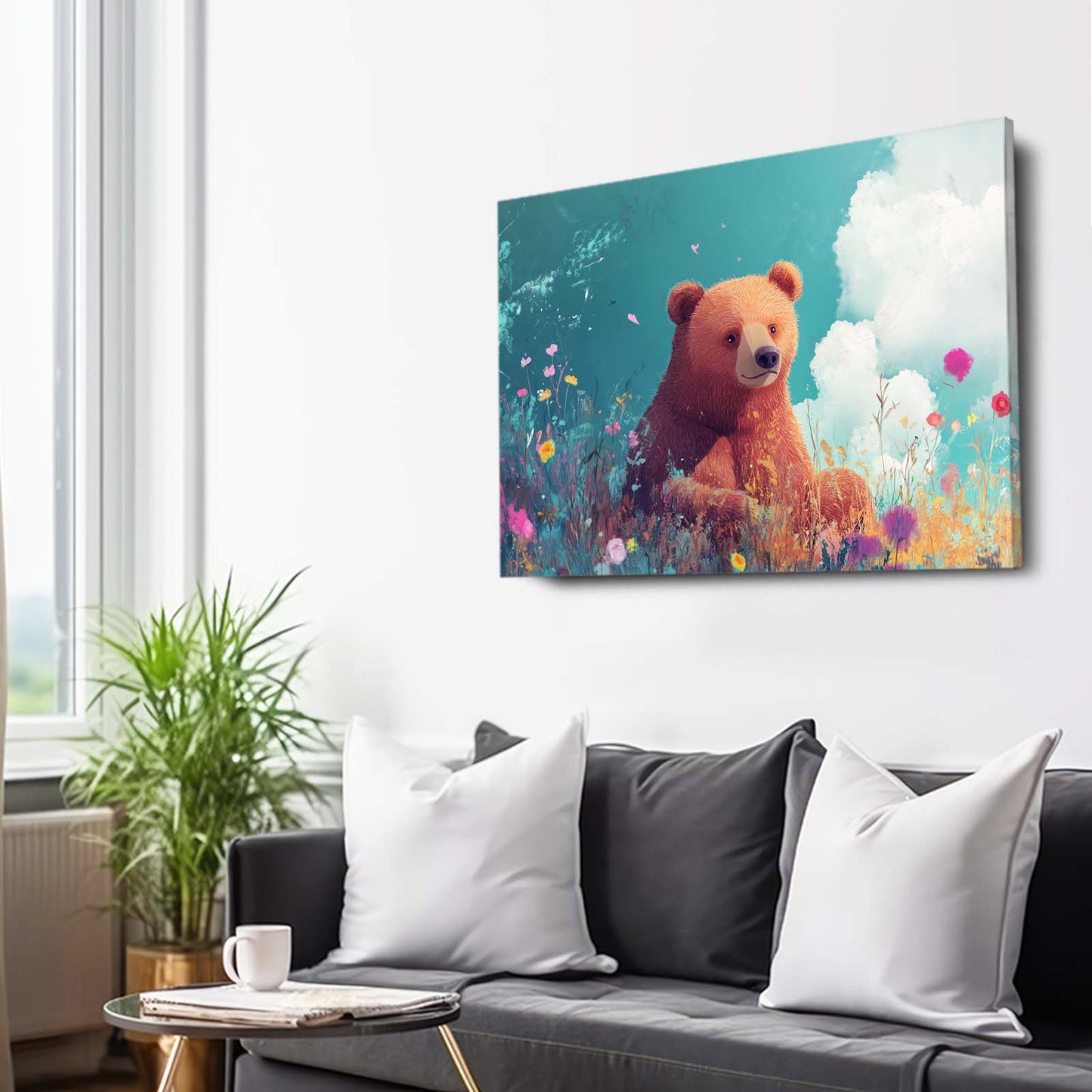 Cloud Meadow Cub Bear Wall Decor — contemporary canvas print, styled in a furnished interior