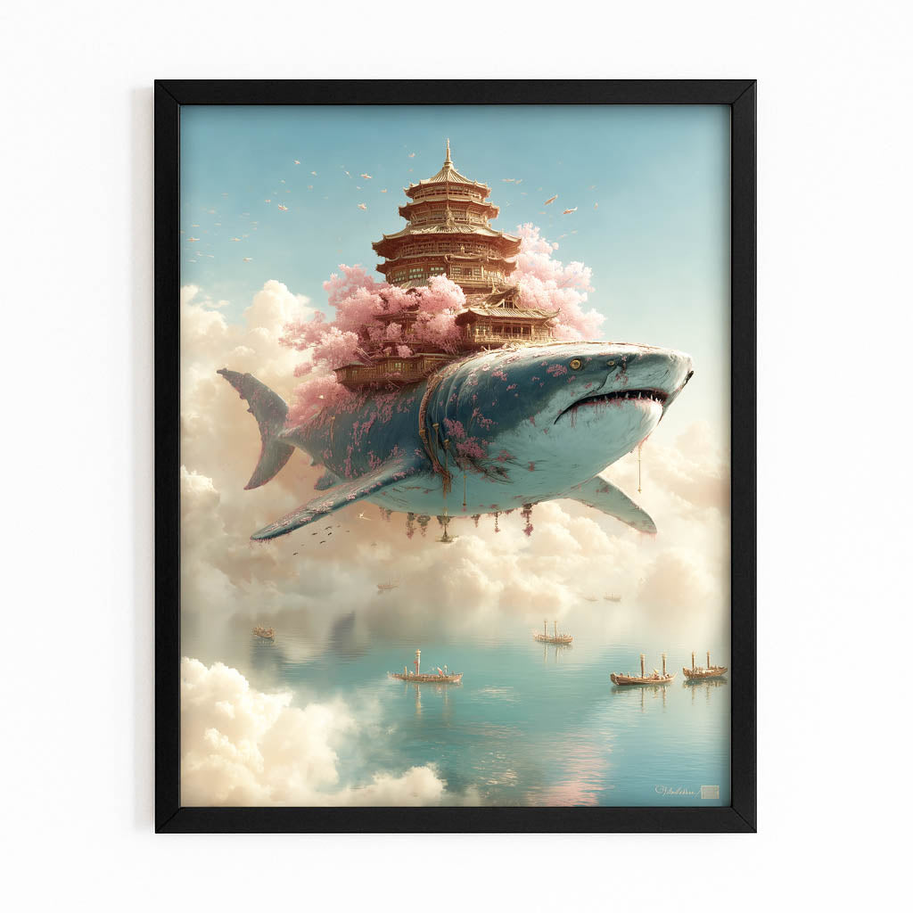 Cloud Temple Pagoda Shark Wall Art – with Premium Black frame on white background