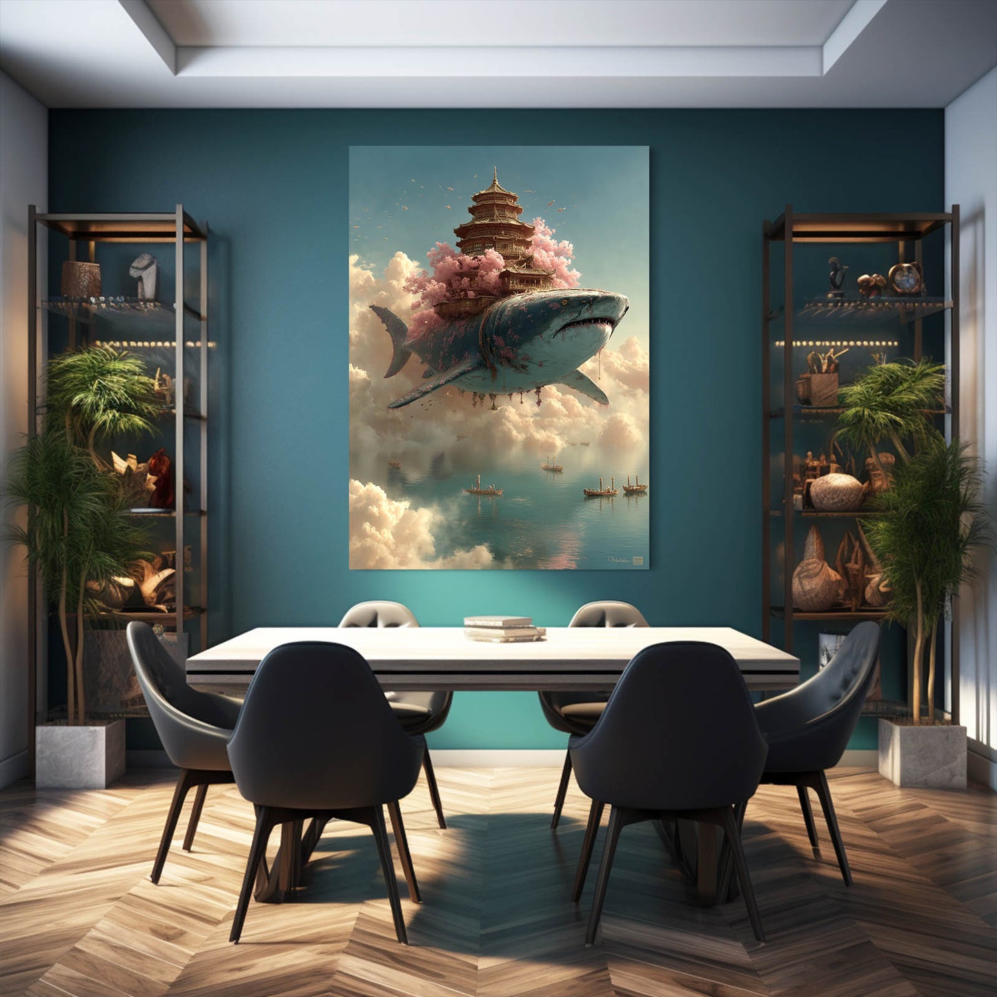 Cloud Temple Pagoda Shark Wall Art – styled in a furnished interior