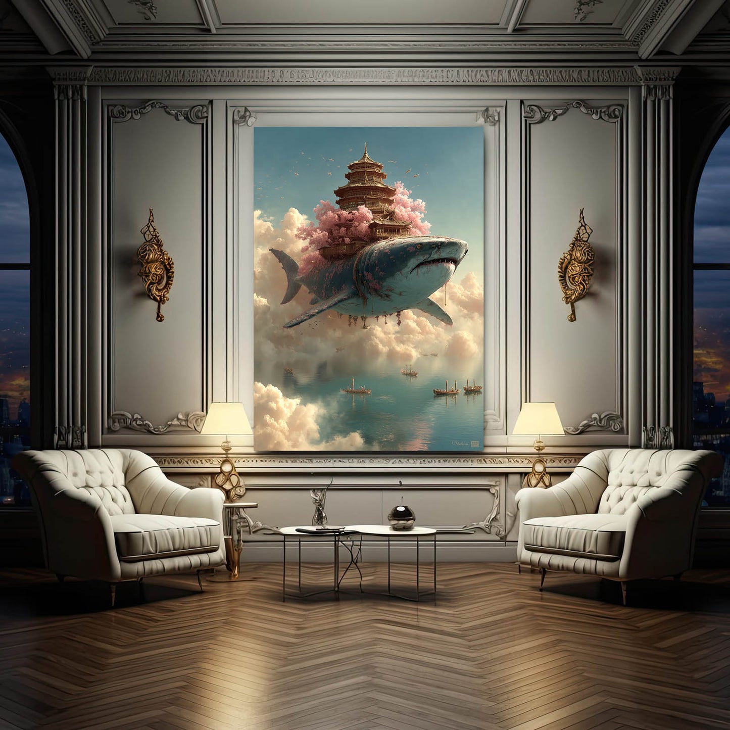 Cloud Temple Pagoda Shark Wall Art – styled in a furnished interior