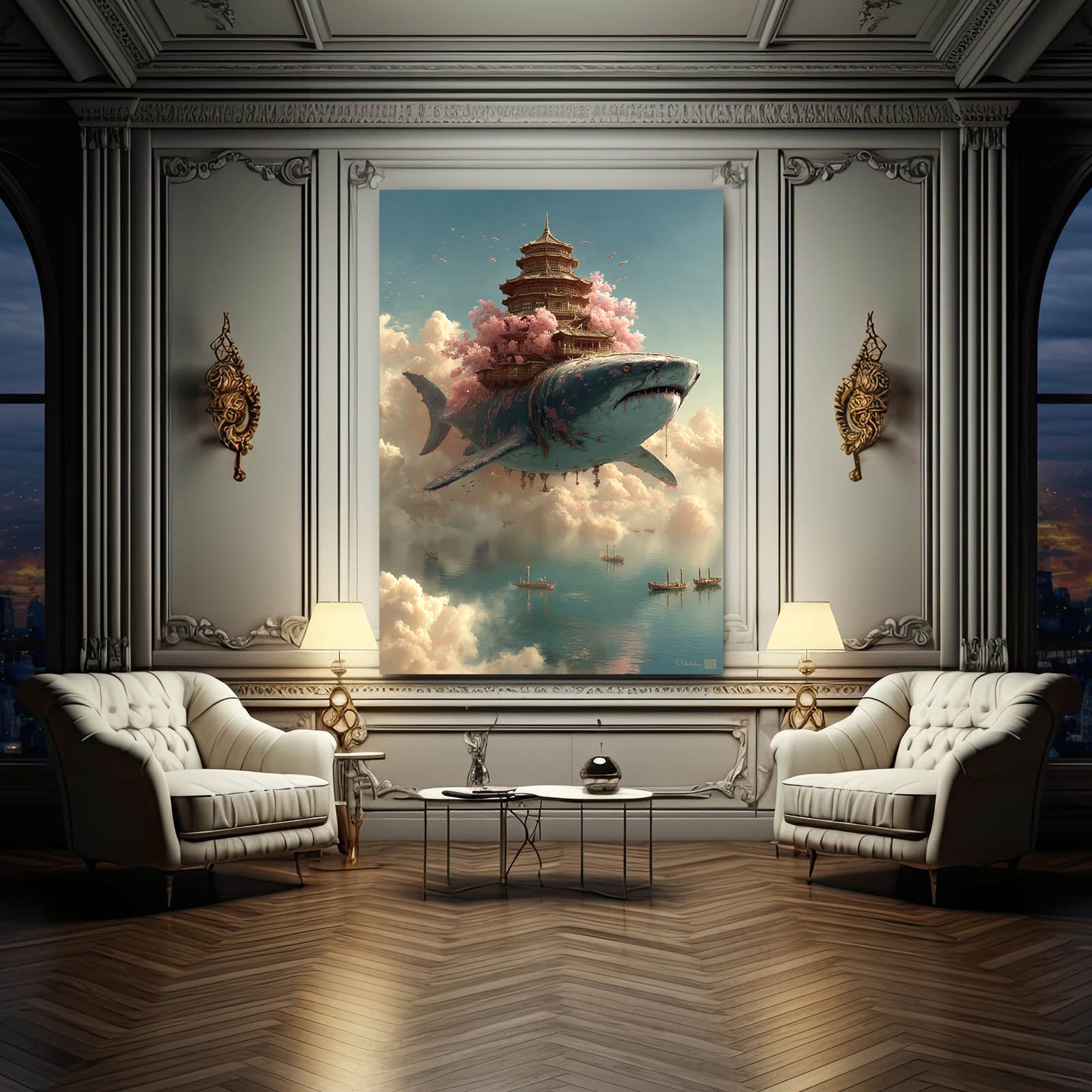 Cloud Temple Pagoda Shark Wall Art – styled in a furnished interior