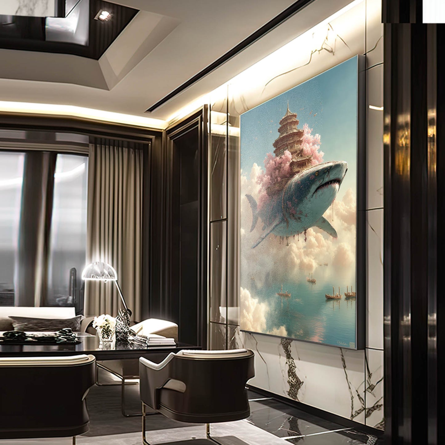 Cloud Temple Pagoda Shark Wall Art – styled in a furnished interior