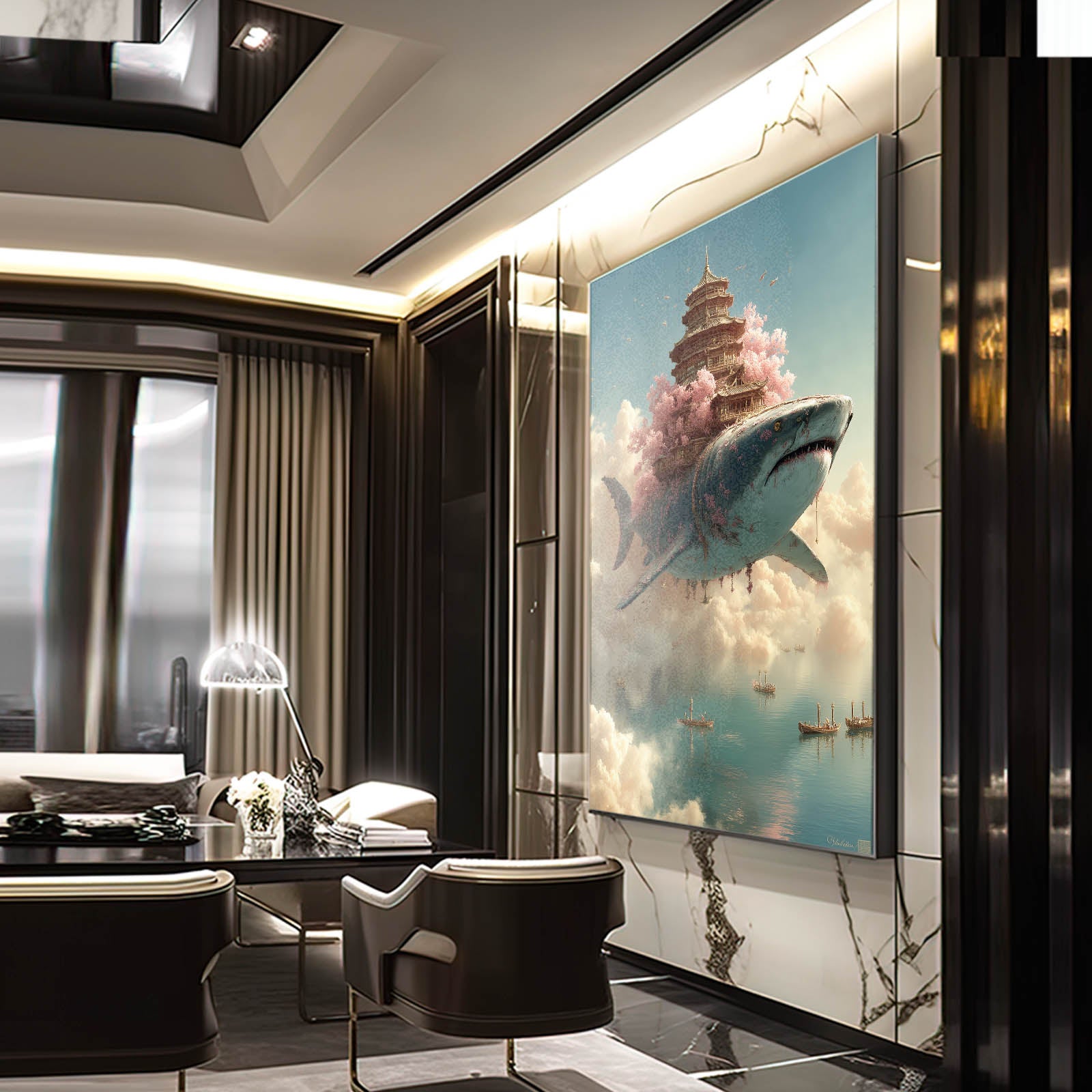 Cloud Temple Pagoda Shark Wall Art – styled in a furnished interior