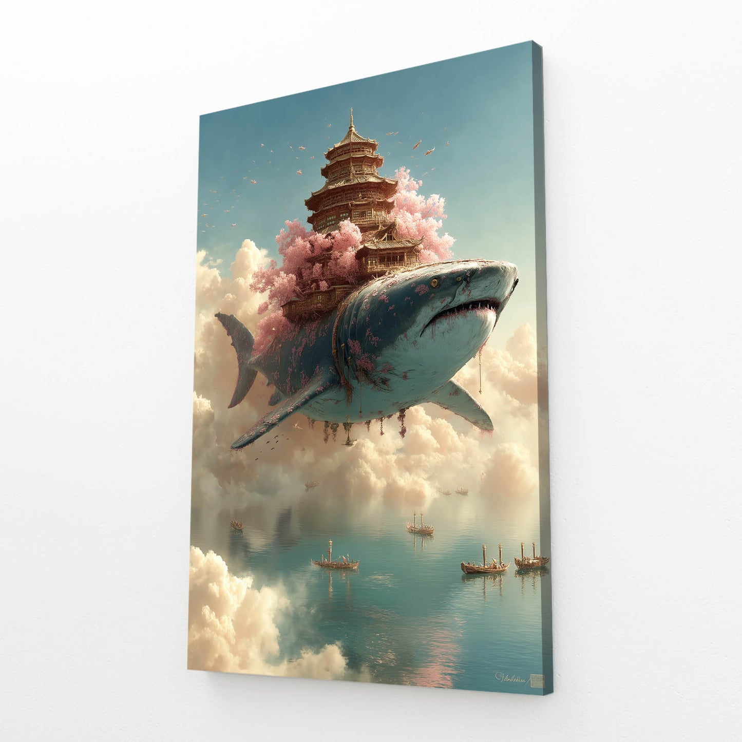 Cloud Temple Pagoda Shark Wall Art – angled canvas view on white background