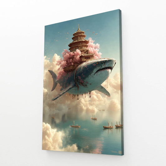 Cloud Temple Pagoda Shark Wall Art – angled canvas view on white background