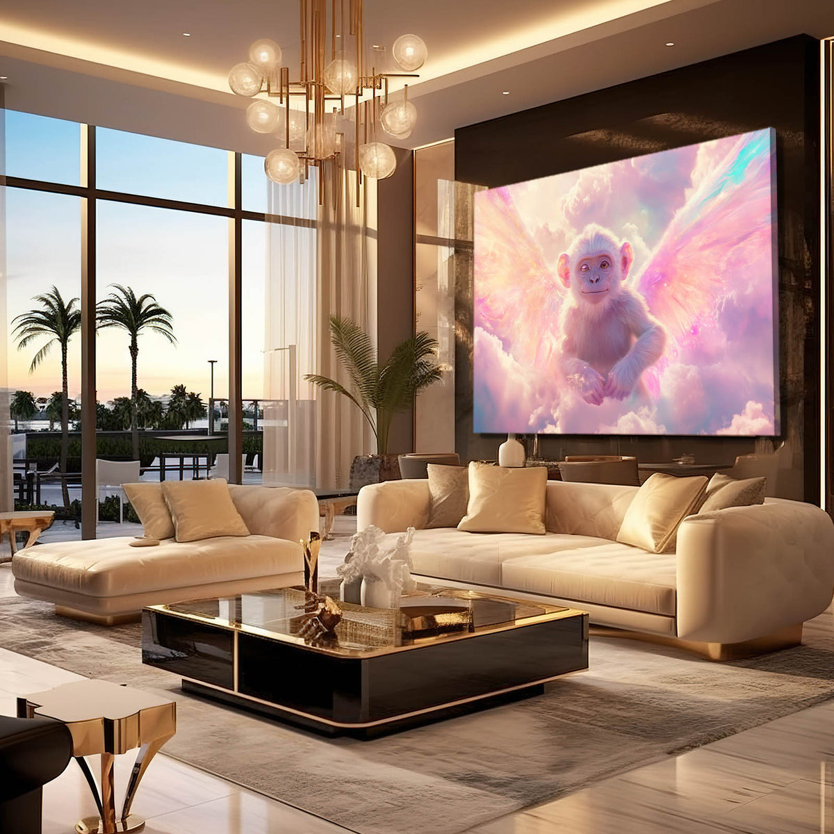 Cloud Winged Cherub Monkey Canvas — surrealism canvas print, styled in a furnished interior