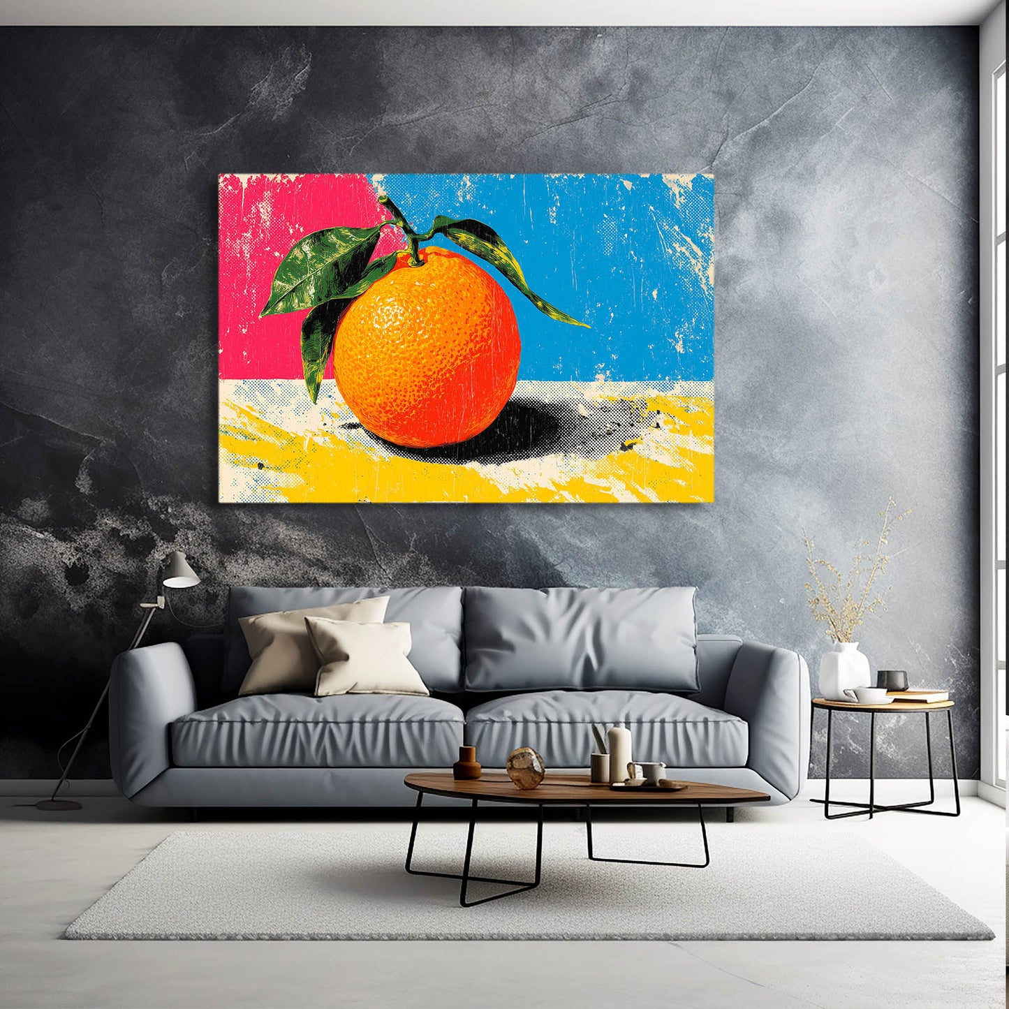 CMYK Pop Orange Fruit Canvas – styled in a furnished interior