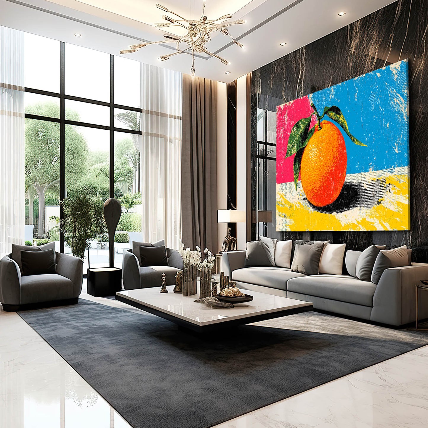 CMYK Pop Orange Fruit Canvas – styled in a furnished interior