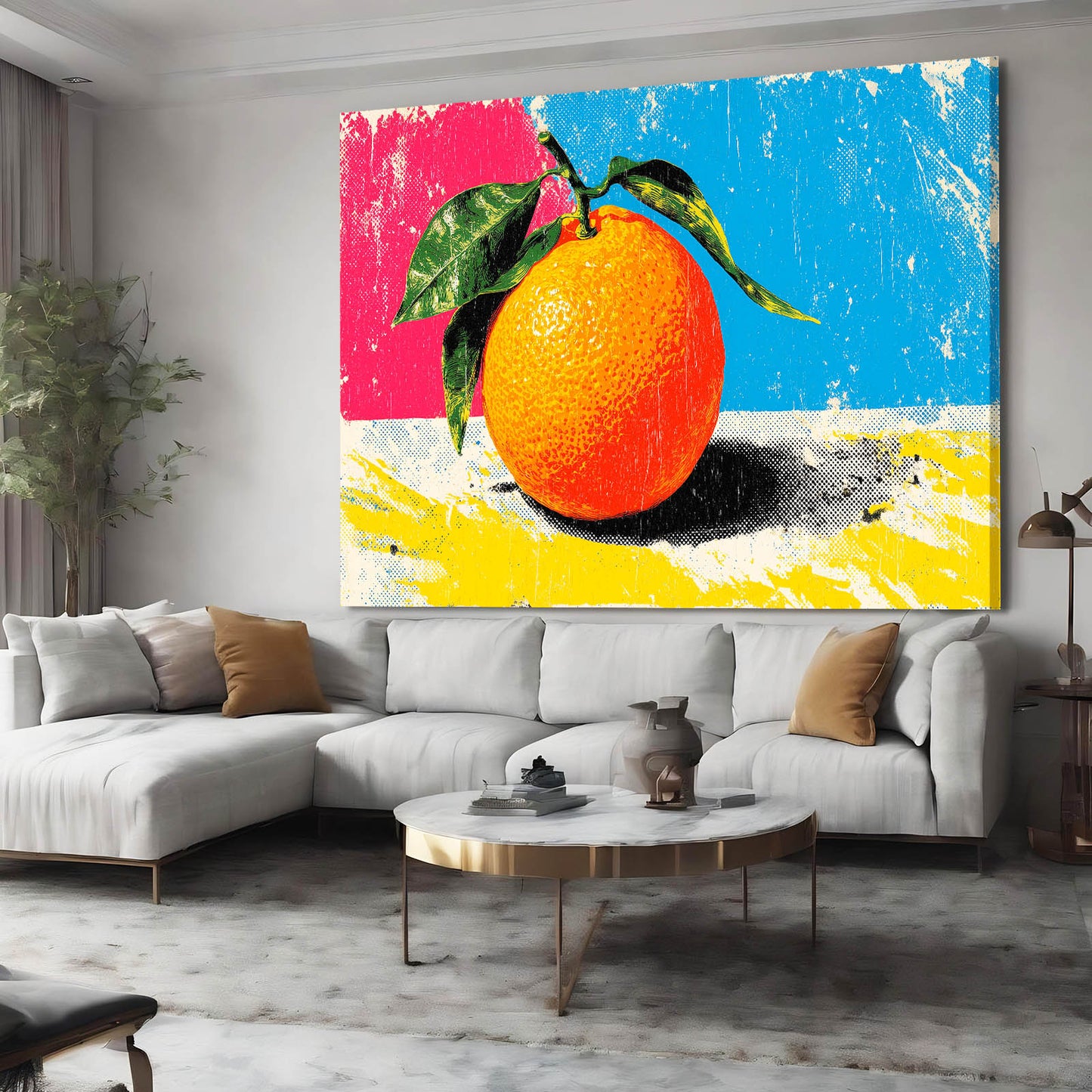 CMYK Pop Orange Fruit Canvas – styled in a furnished interior