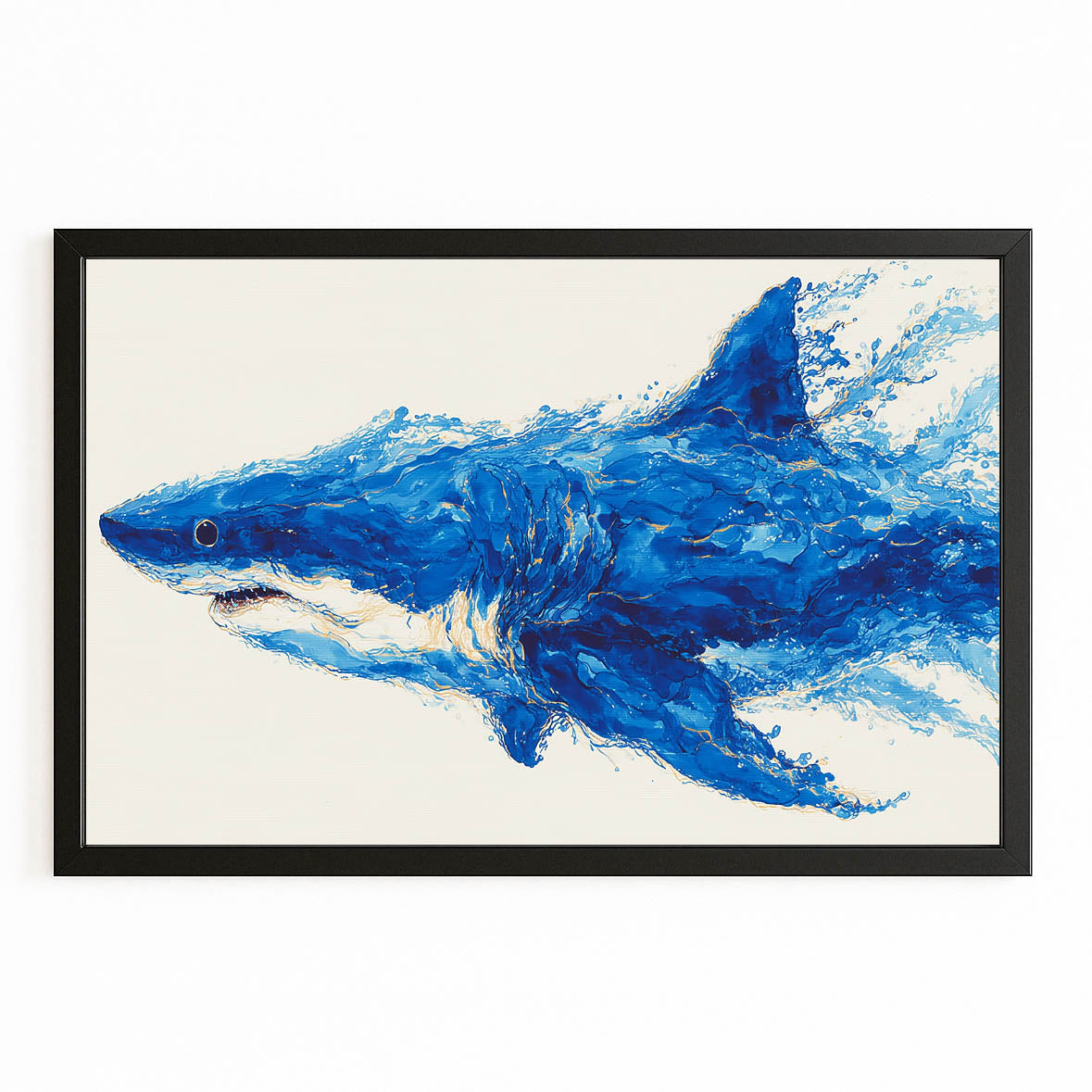 Cobalt Brushstroke Shark Art – with Premium Black frame on white background