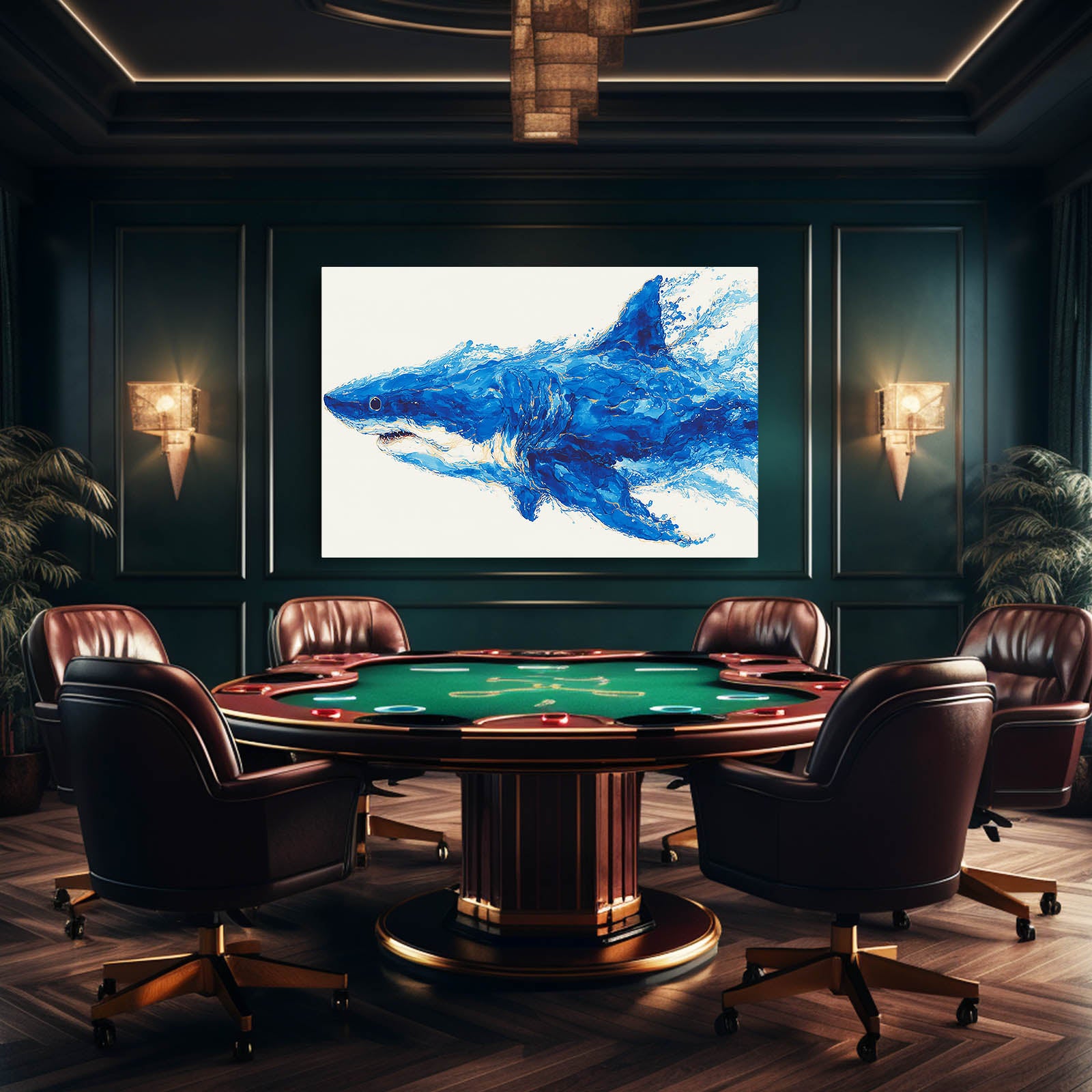Cobalt Brushstroke Shark Art – styled in a furnished interior
