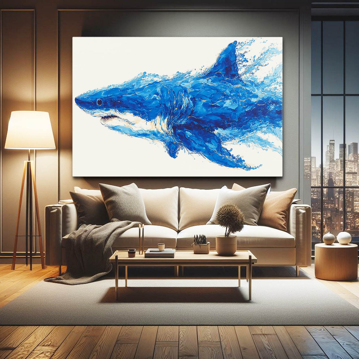 Cobalt Brushstroke Shark Art – styled in a furnished interior