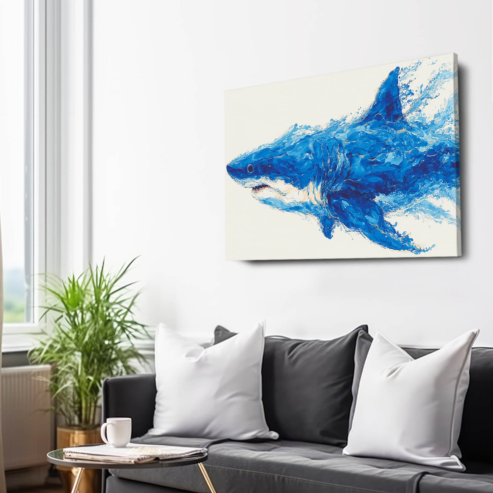 Cobalt Brushstroke Shark Art – styled in a furnished interior