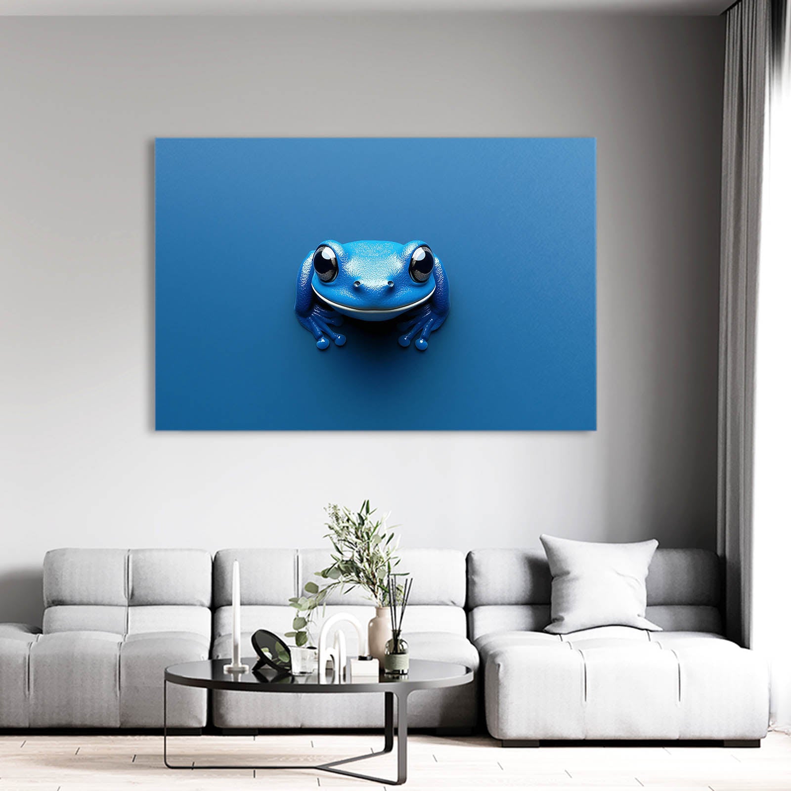 Cobalt Cutie Frog Canvas – styled in a furnished interior