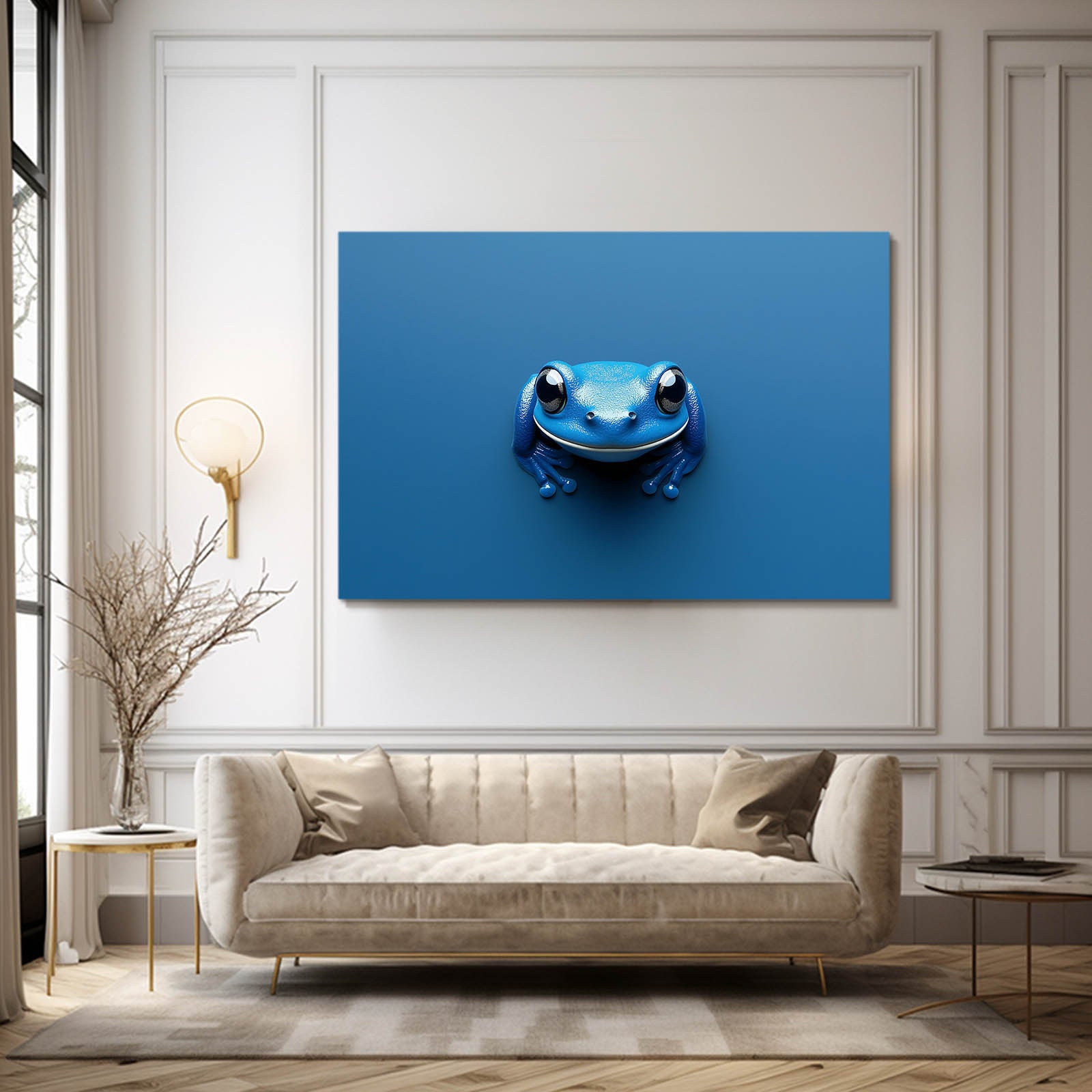 Cobalt Cutie Frog Canvas – styled in a furnished interior