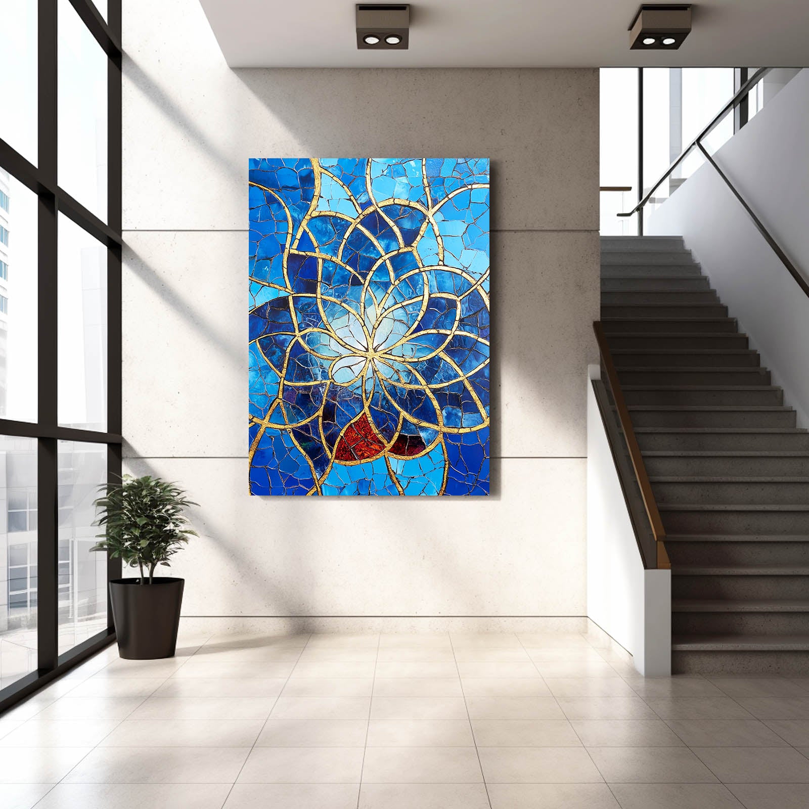 Cobalt Mosaic Spiral Flower Of Life Canvas – styled in a furnished interior