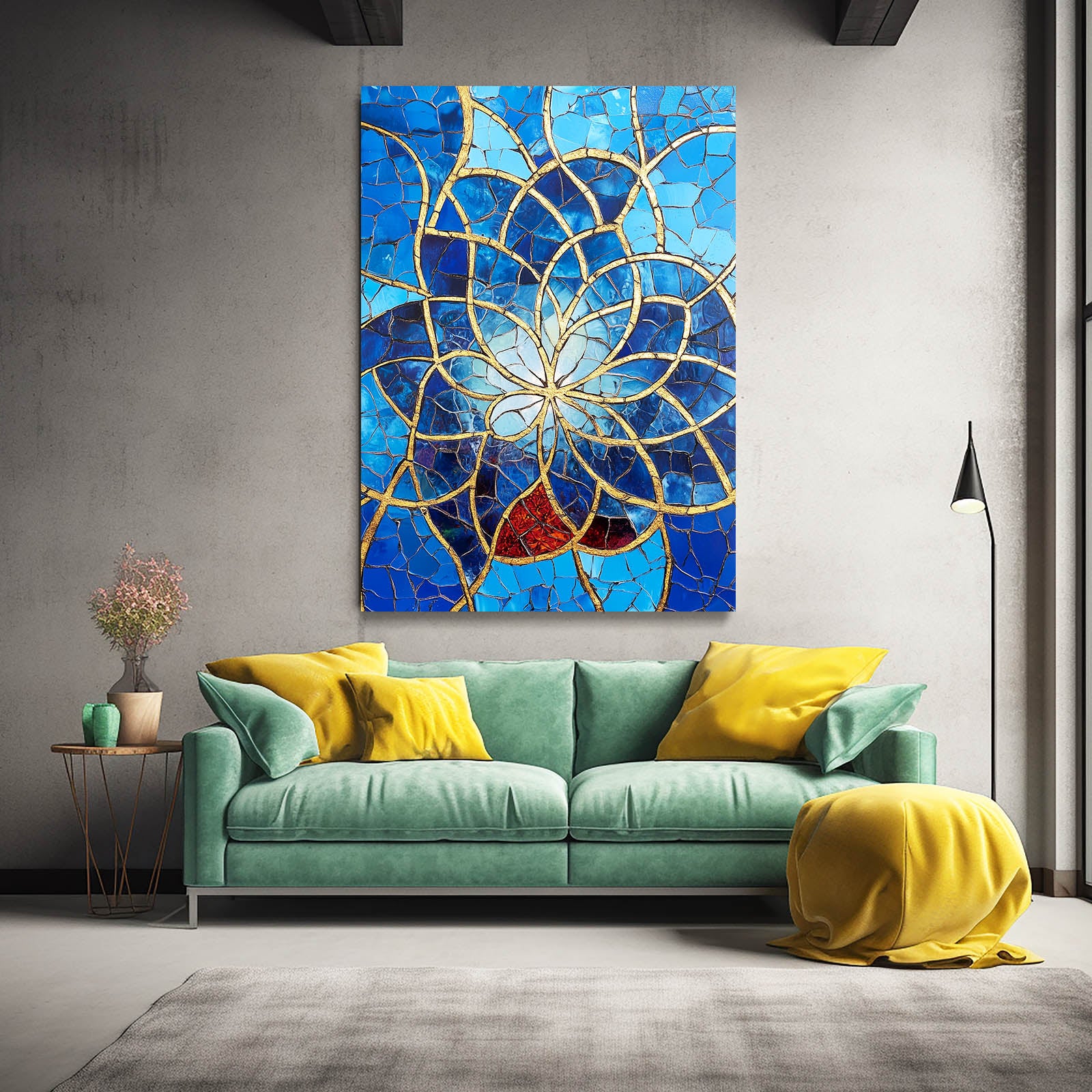 Cobalt Mosaic Spiral Flower Of Life Canvas – styled in a furnished interior