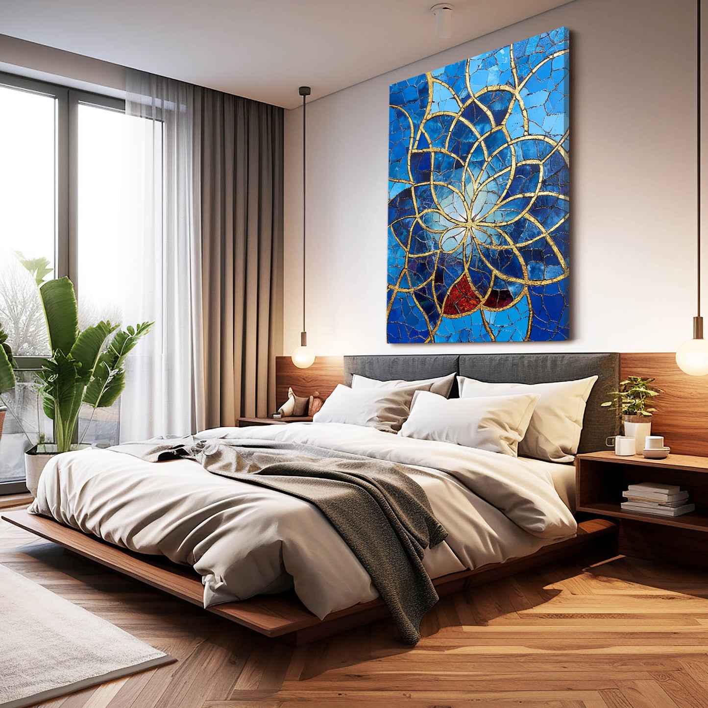 Cobalt Mosaic Spiral Flower Of Life Canvas – styled in a furnished interior