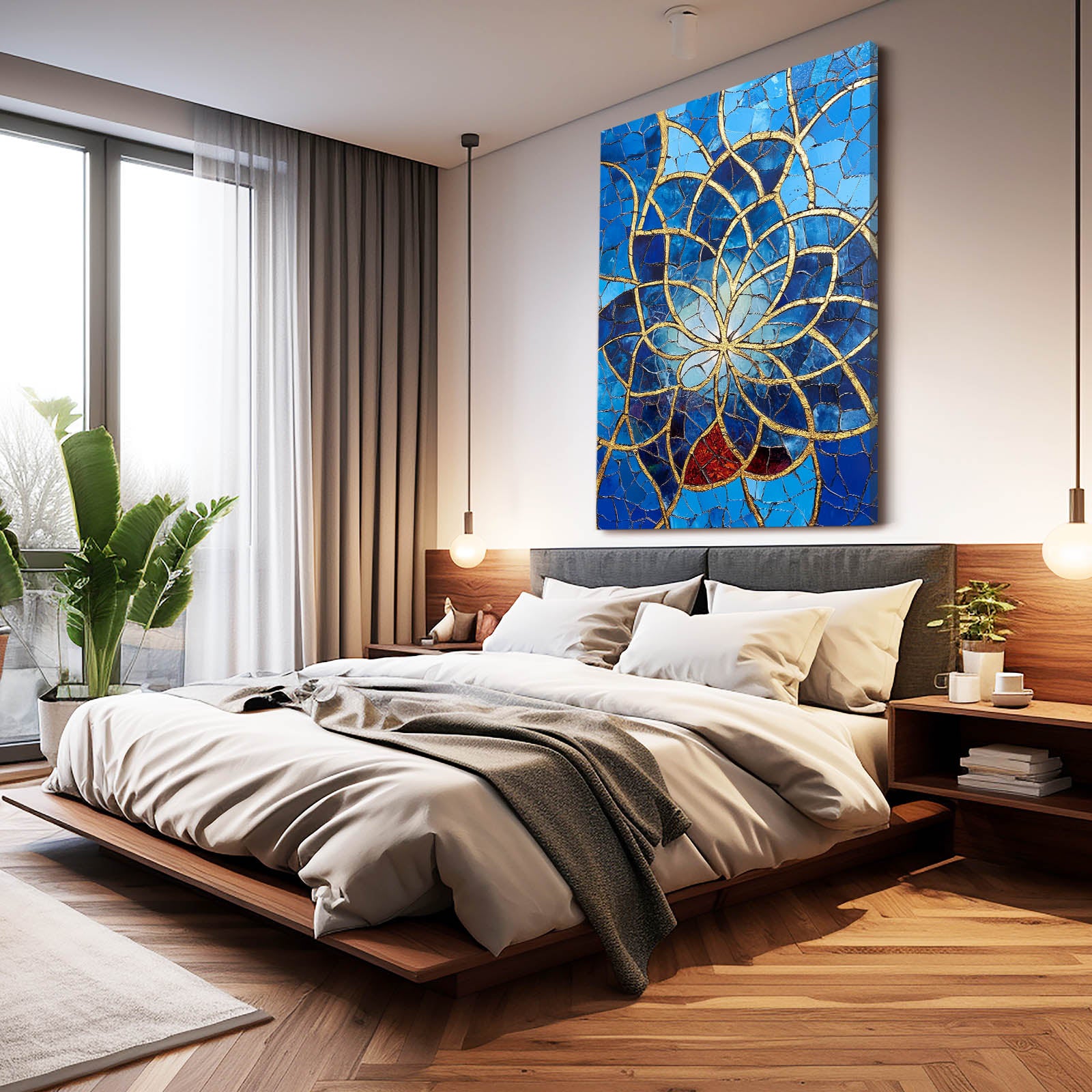 Cobalt Mosaic Spiral Flower Of Life Canvas – styled in a furnished interior