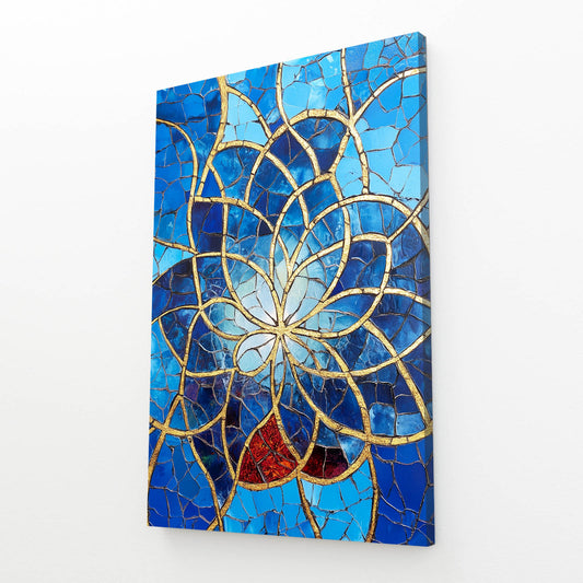 Cobalt Mosaic Spiral Flower Of Life Canvas – angled canvas view on white background