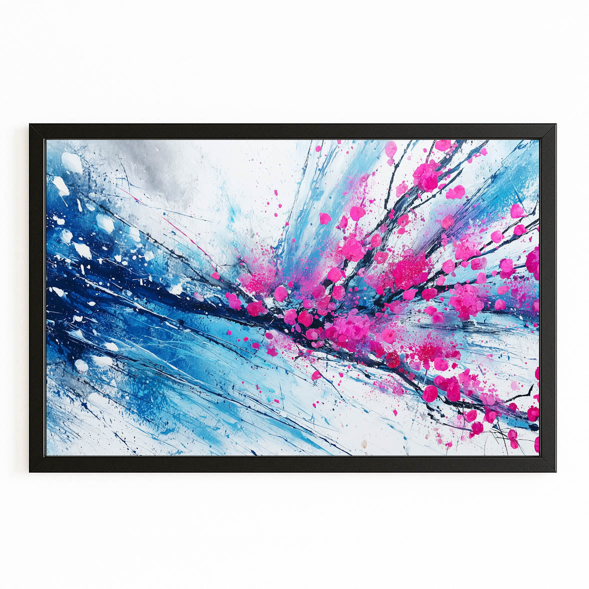 Cobalt Splash Branch Cherry Blossom Canvas – with Premium Black frame on white background