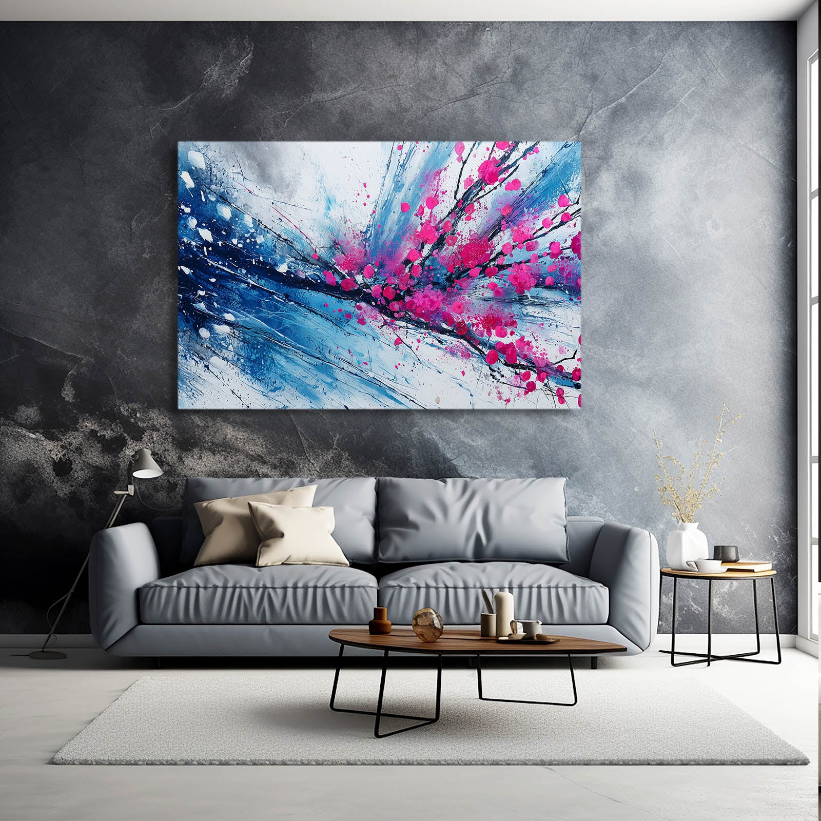 Cobalt Splash Branch Cherry Blossom Canvas – styled in a furnished interior