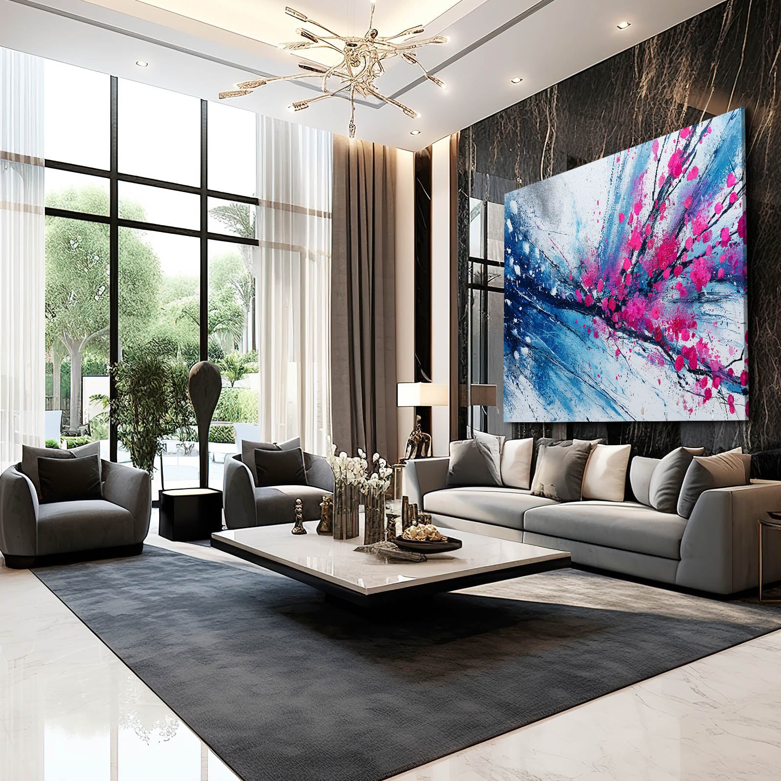 Cobalt Splash Branch Cherry Blossom Canvas – styled in a furnished interior