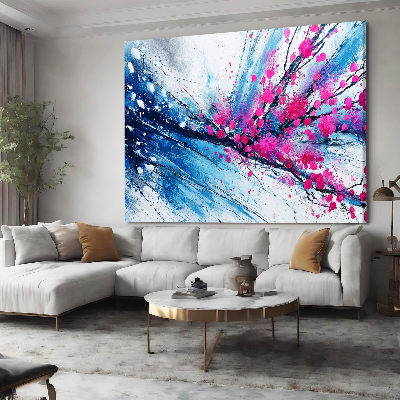 Cobalt Splash Branch Cherry Blossom Canvas – styled in a furnished interior