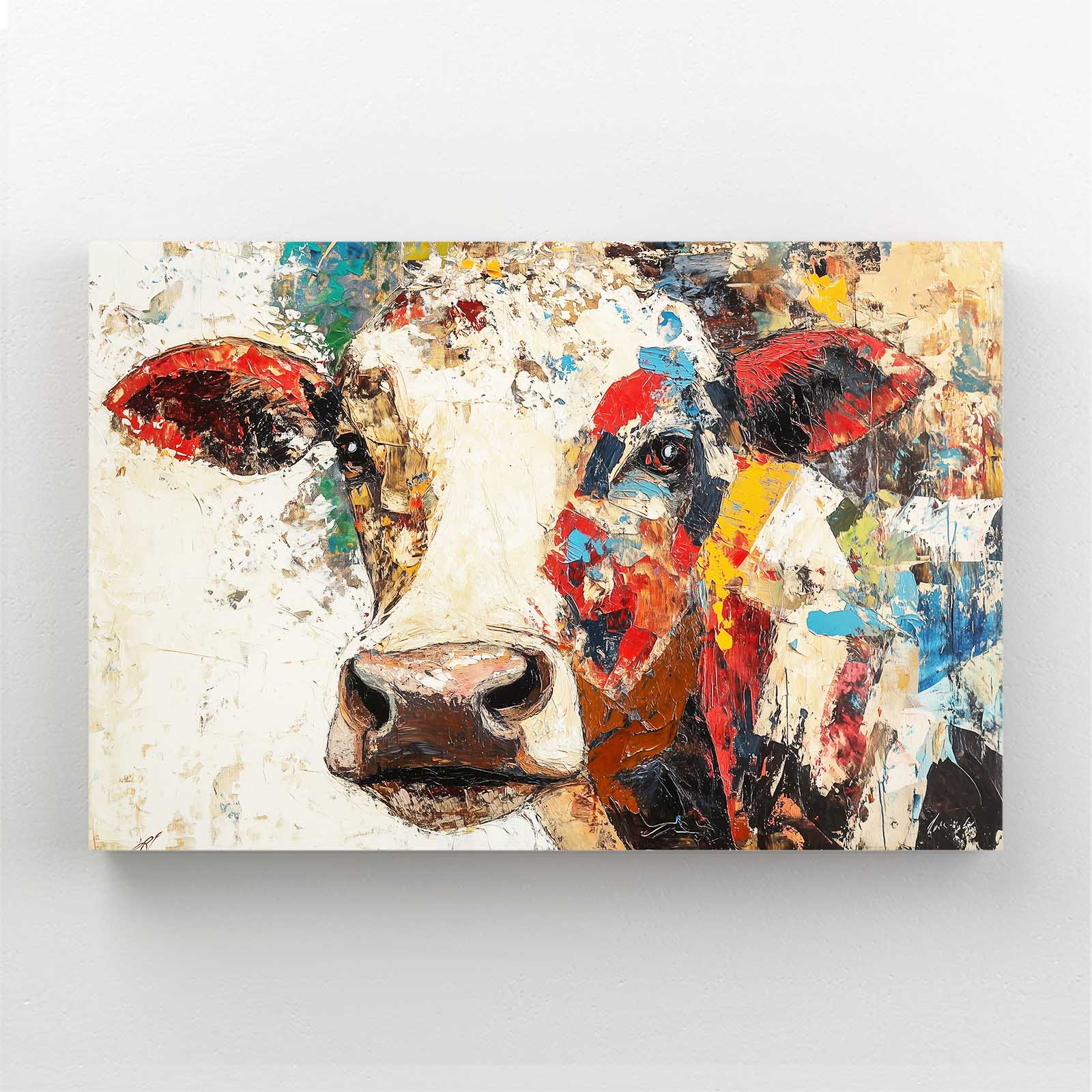 Collage Cow Canvas Art – angled canvas view on white background