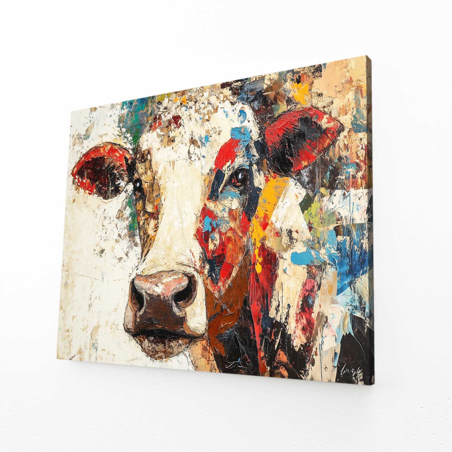 Collage Cow Canvas Art – angled canvas view on white background