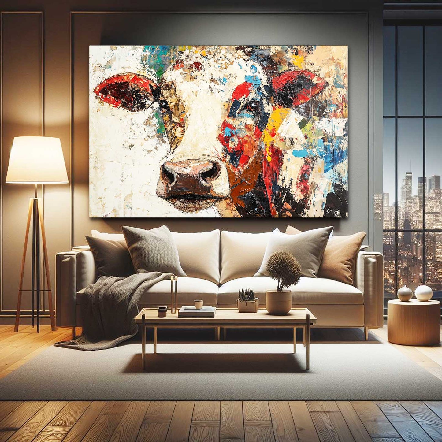 Collage Cow Canvas Art – angled canvas view on white background