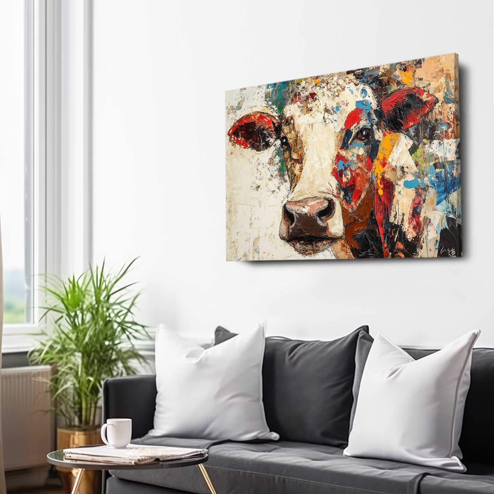 Collage Cow Canvas Art – angled canvas view on white background