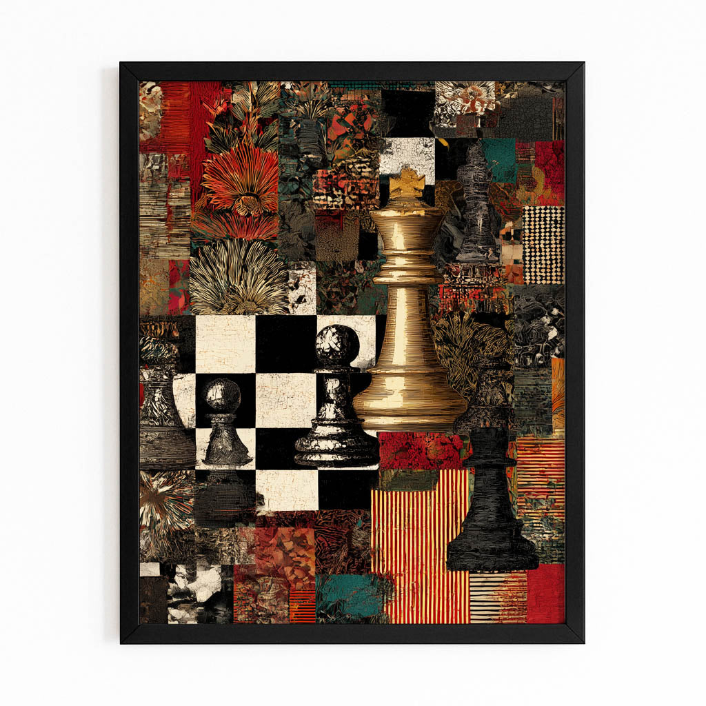 Collage Gold Queen Chess Wall Art – with Premium Black frame on white background