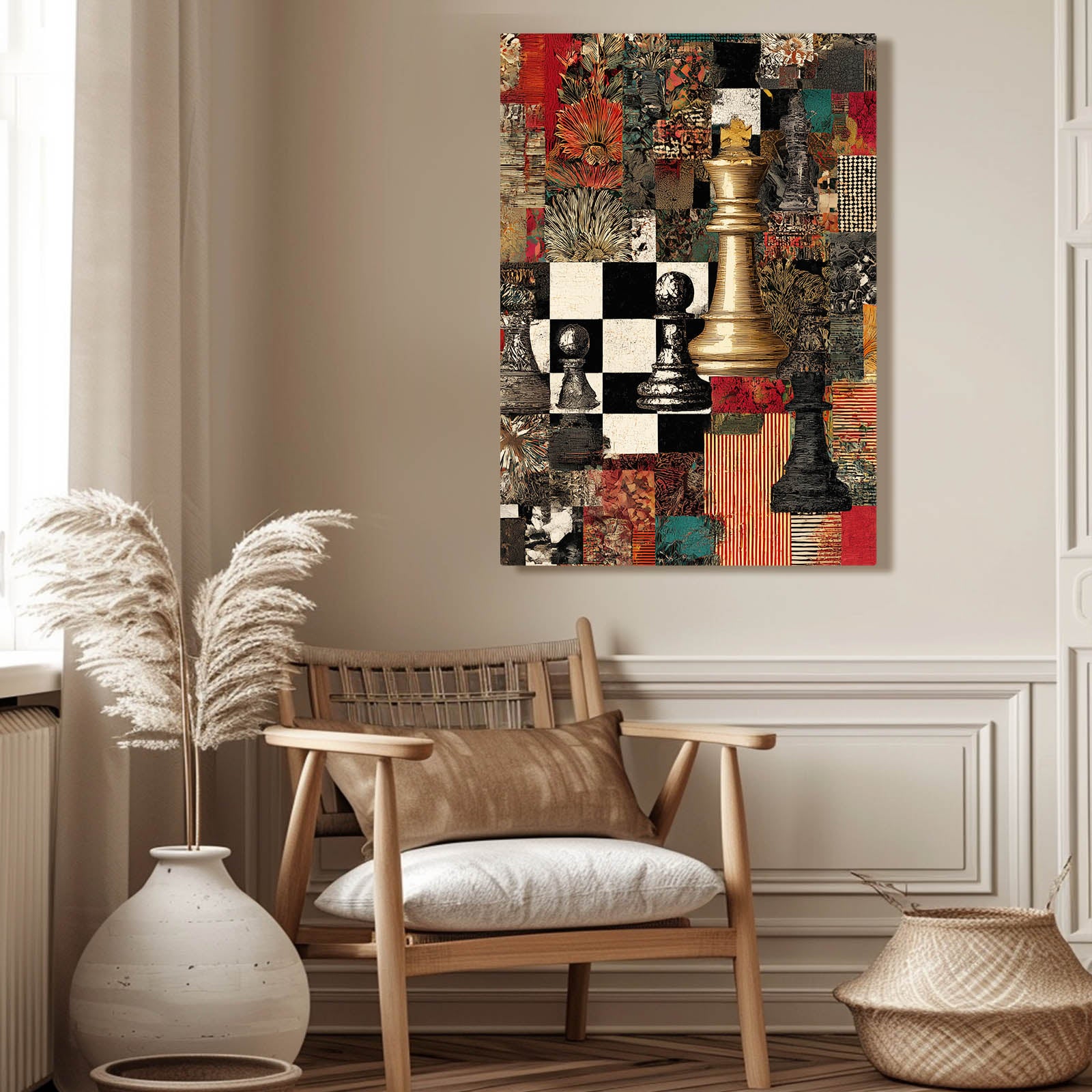 Collage Gold Queen Chess Wall Art – styled in a furnished interior