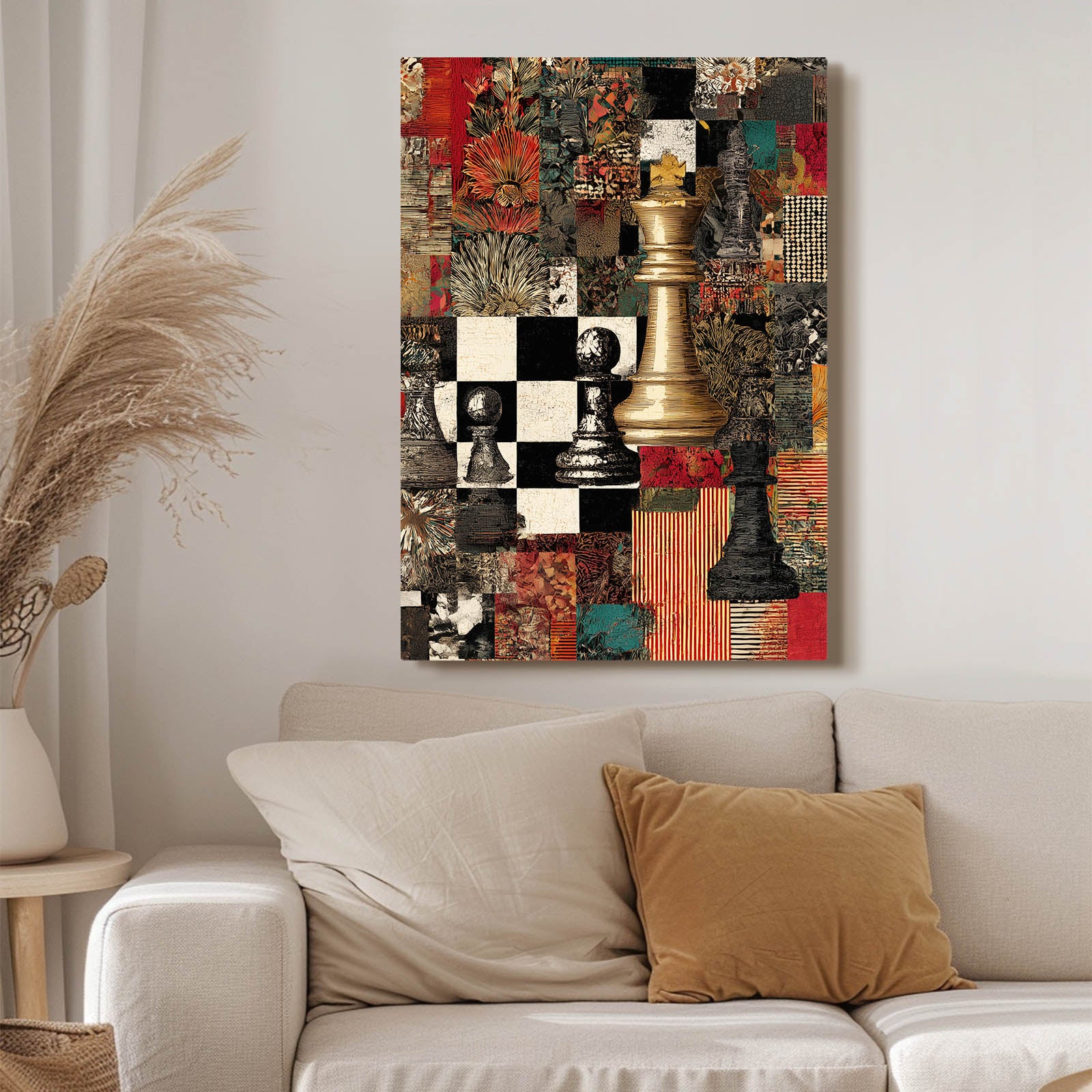 Collage Gold Queen Chess Wall Art – styled in a furnished interior