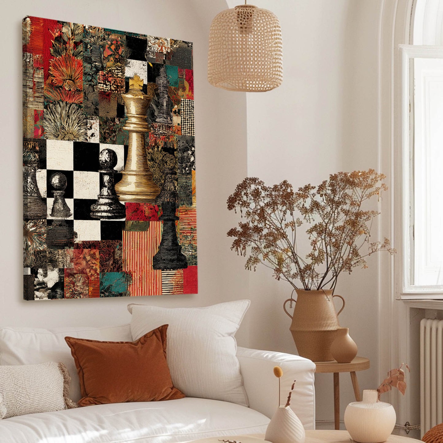 Collage Gold Queen Chess Wall Art – styled in a furnished interior