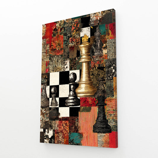 Collage Gold Queen Chess Wall Art – angled canvas view on white background