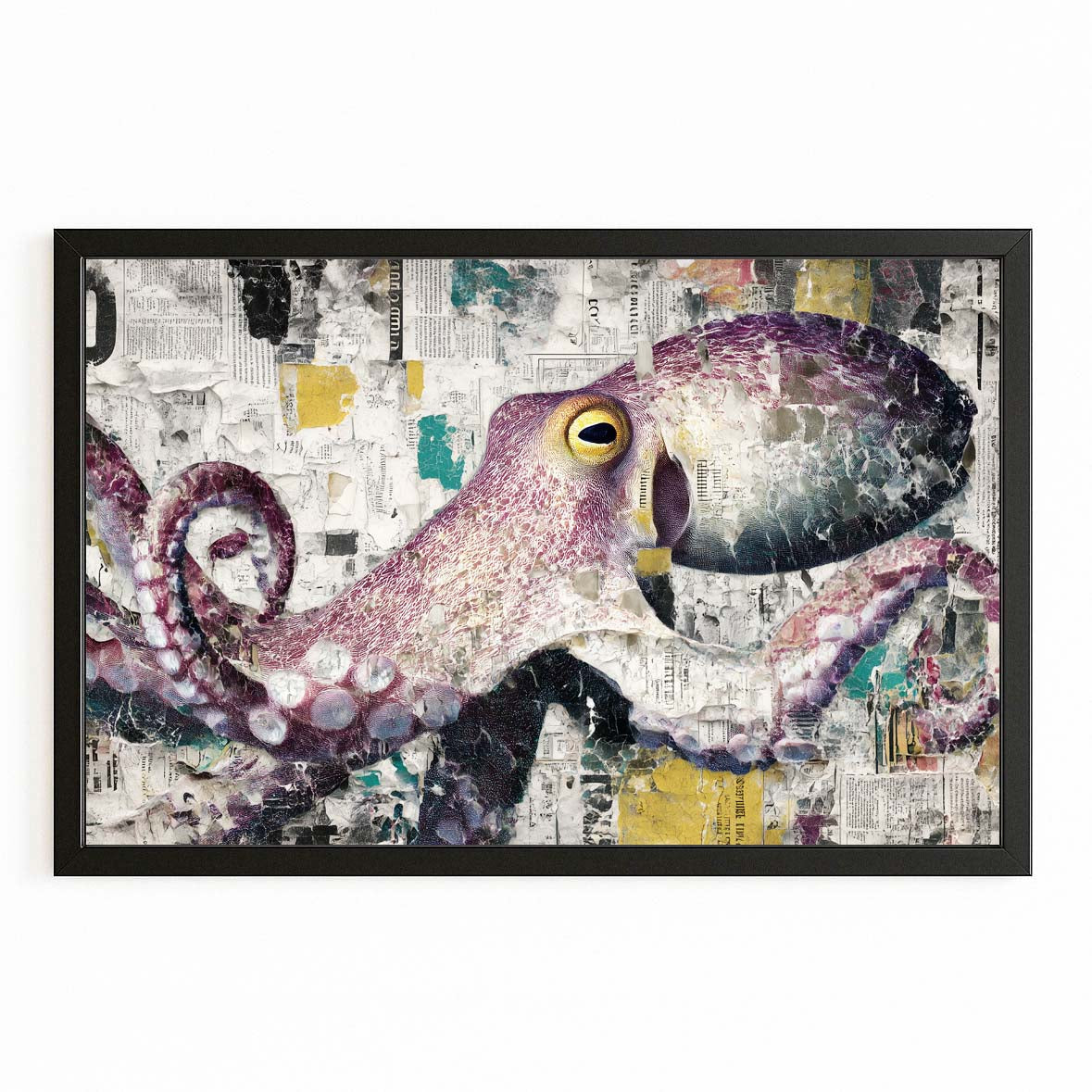 Collage Newspaper Pop Octopus Canvas – with Premium Black frame on white background