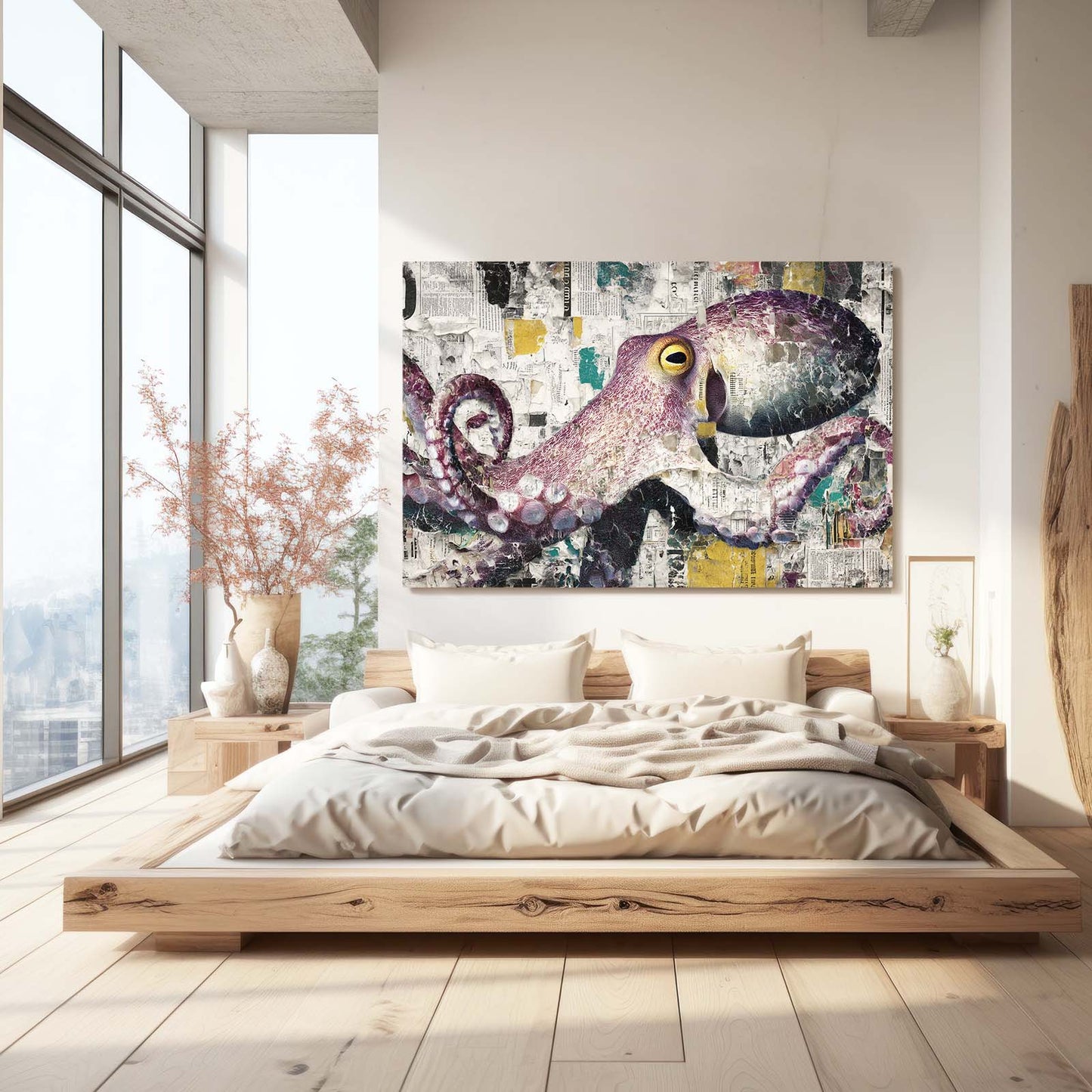 Collage Newspaper Pop Octopus Canvas – styled in a furnished interior