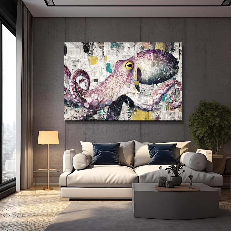 Collage Newspaper Pop Octopus Canvas – styled in a furnished interior