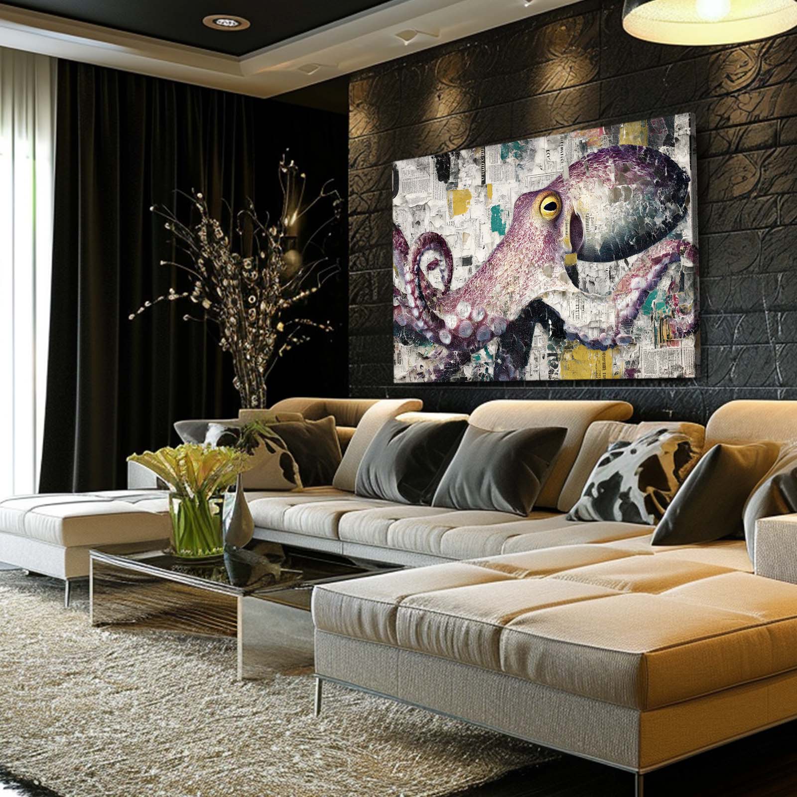 Collage Newspaper Pop Octopus Canvas – styled in a furnished interior
