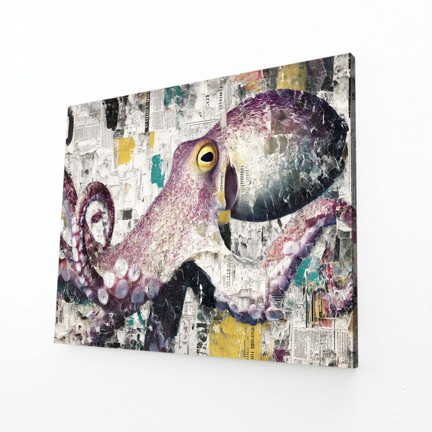 Collage Newspaper Pop Octopus Canvas – angled canvas view on white background