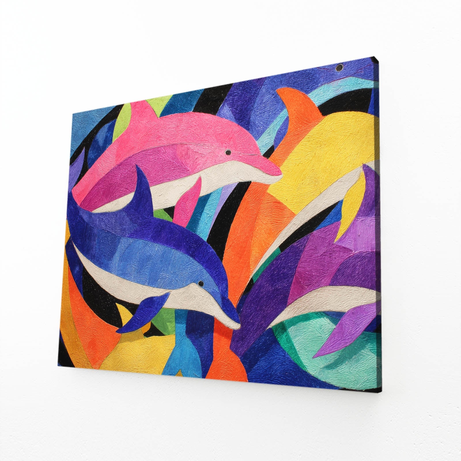 Color Block Pod Dolphin Art – angled canvas view on white background