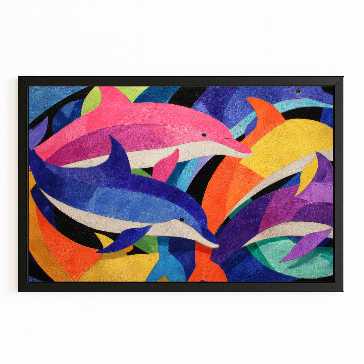 Color Block Pod Dolphin Art – with Premium Black wood frame on white background