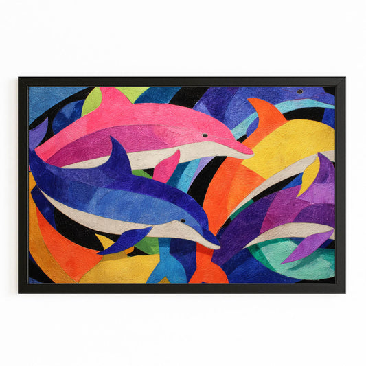 Color Block Pod Dolphin Art – with Premium Black wood frame on white background