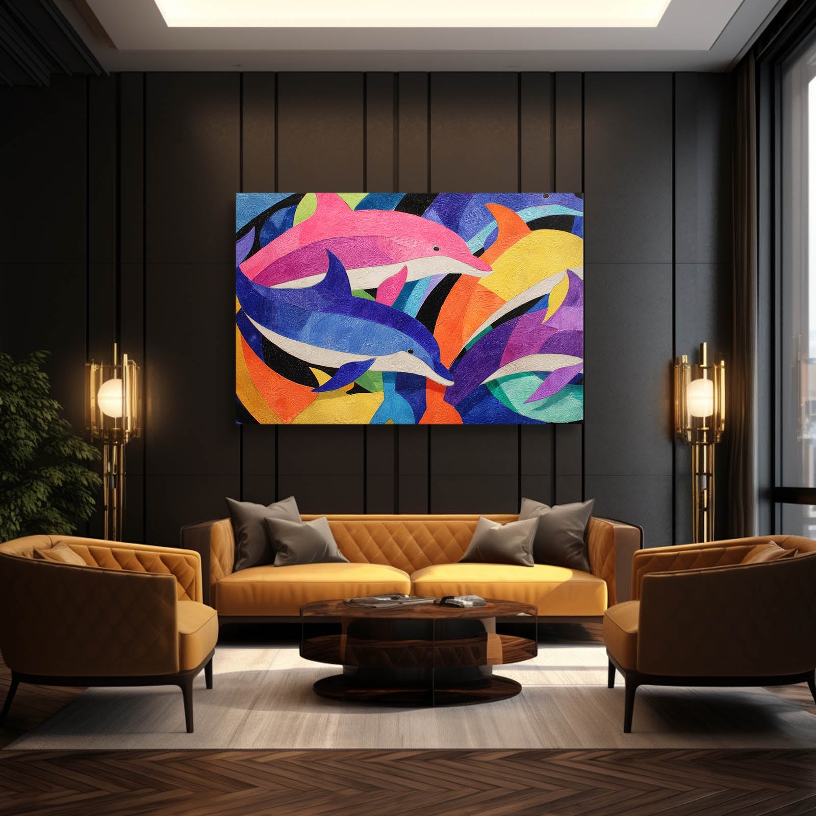 Color Block Pod Dolphin Art – styled in a furnished interior