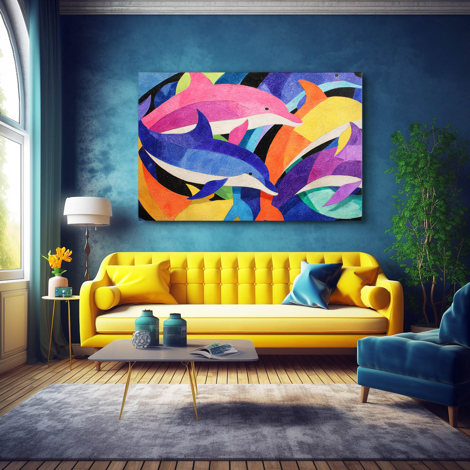Color Block Pod Dolphin Art – styled in a furnished interior